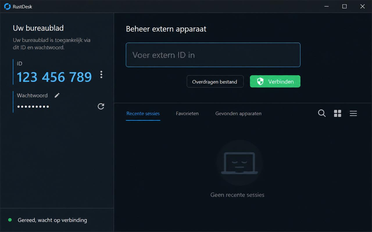 RustDesk hoofdscherm met ID en wachtwoord